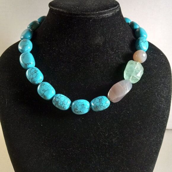 Vintage Lia Sophia Blue Grotto Necklace Dye Howlite Offset Necklace Cottagecore - Picture 1 of 8